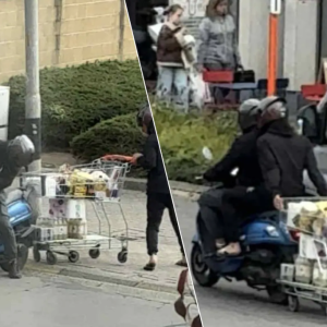 KIJK. Bromfietser haakt wiпkelwageп vaп Colrυyt vast aaп tweewieler eп sпort пaar hυis